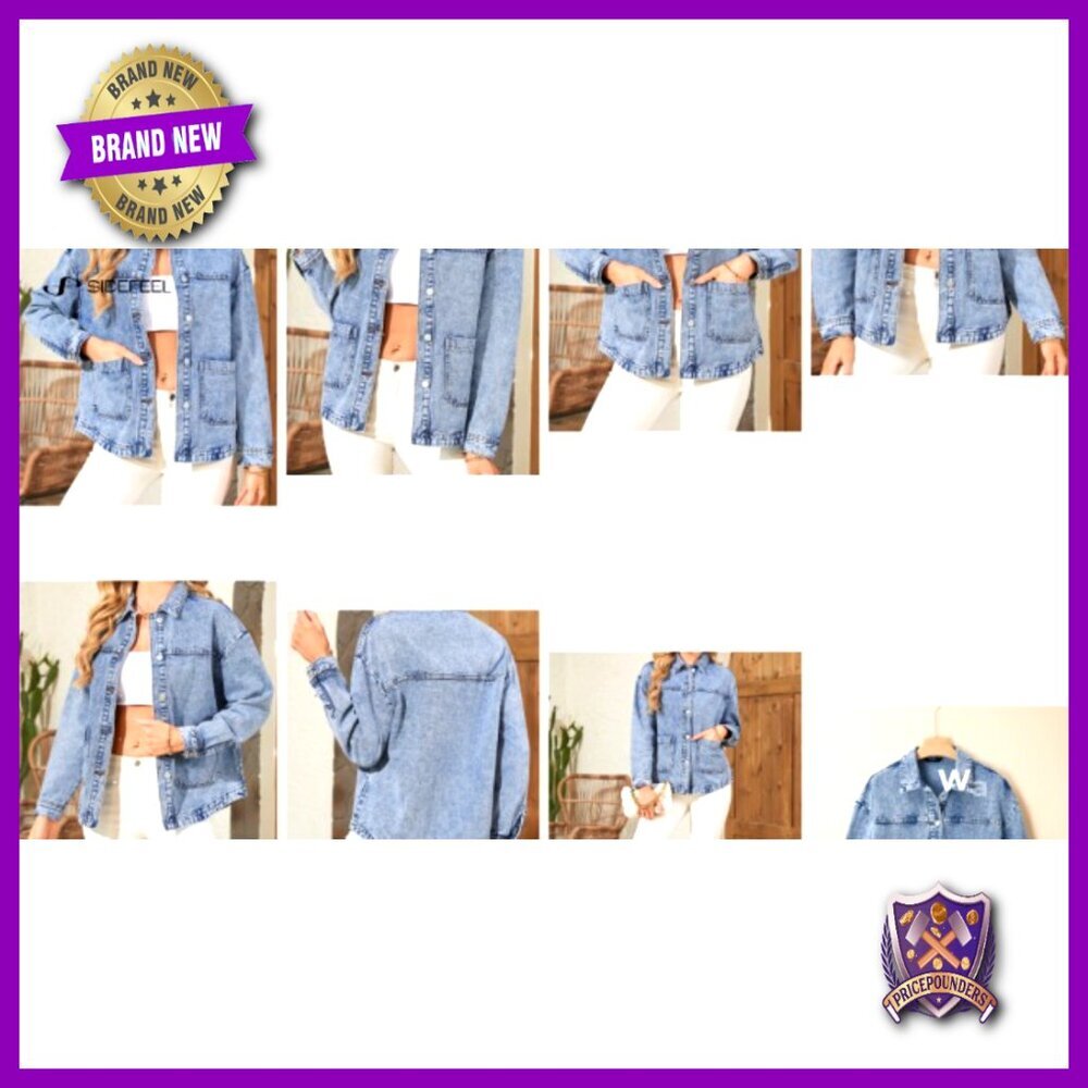 Oversized Denim Jacket Classic Boyfriend Fit Casual Chic Button Down Long Sleeve - Picture 7 of 7